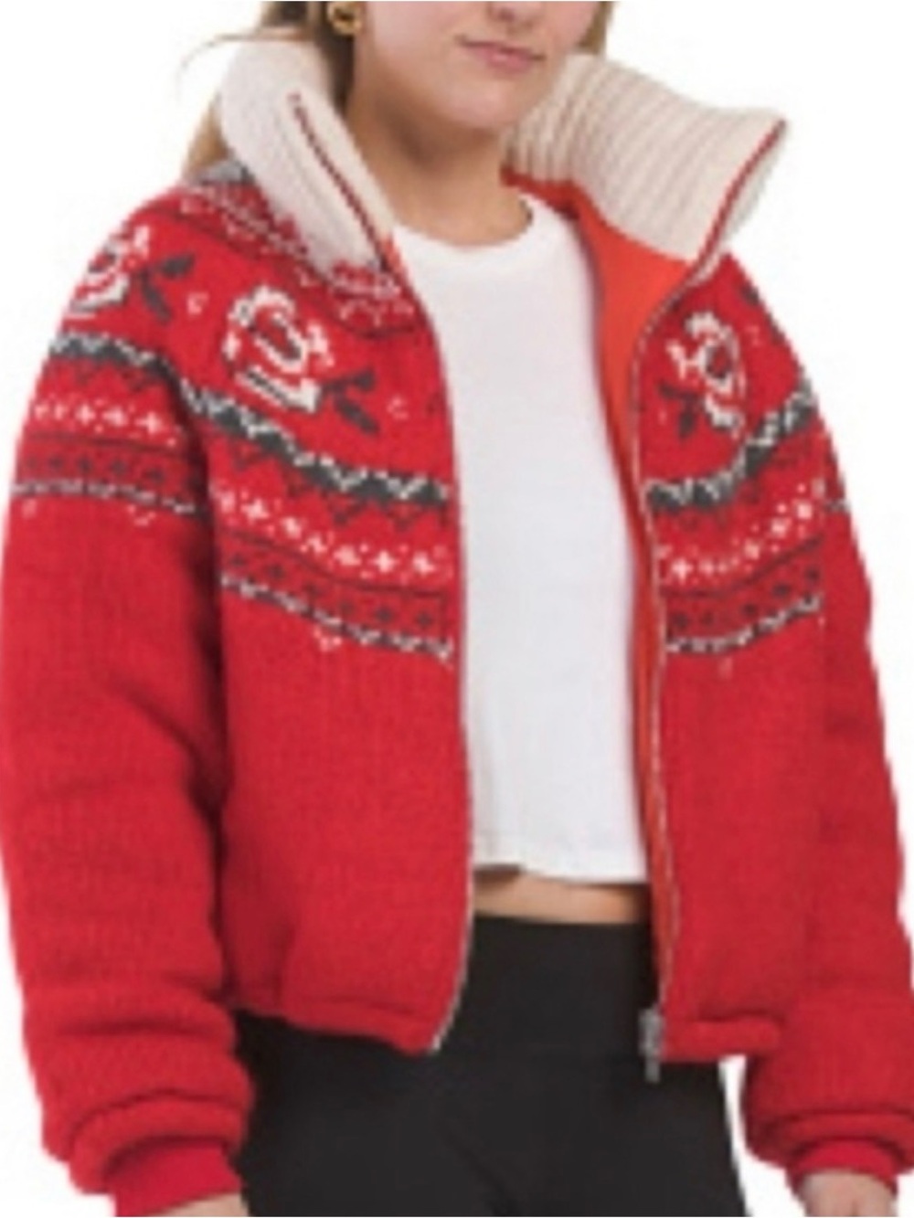 BLANKNYC Red Fair Isle Cropped Bomber Jacket Size Medium NWT